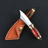 A compact fixed blade knife with a silver blade and colorful wood and leather sheath resting on a dark surface.