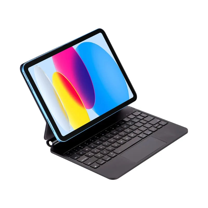 Backlit Magic Keyboard case for an iPad showing a colorful gradient display.