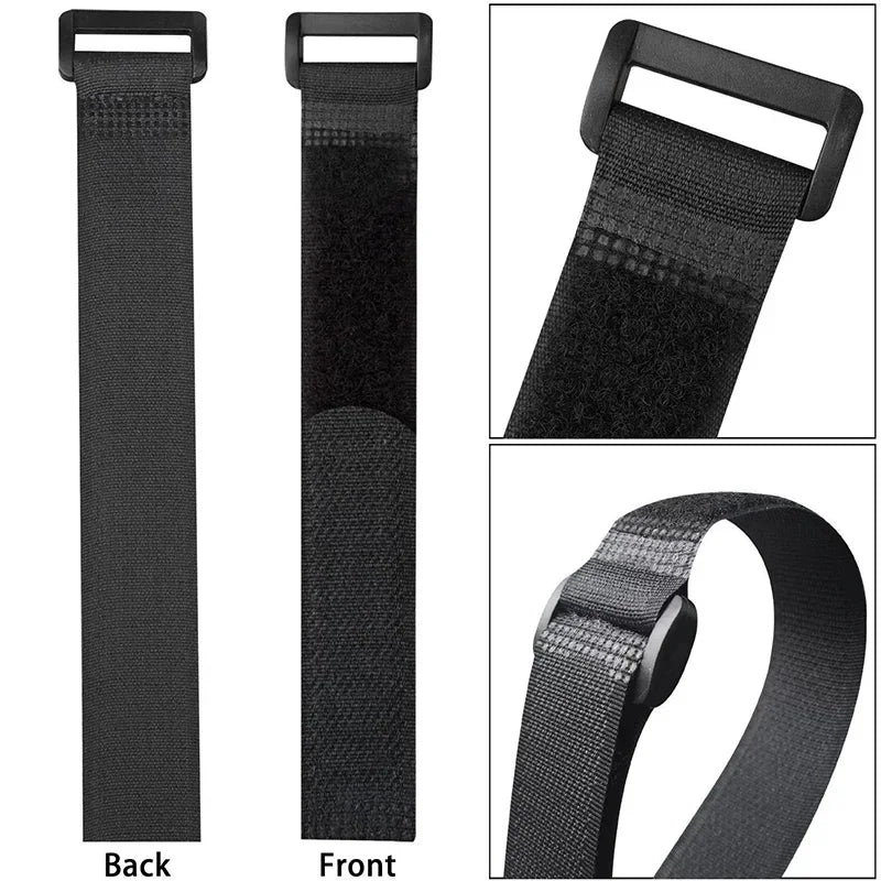 Black reusable hook and loop cable ties shown from the back, front, and a close-up view of the strap.