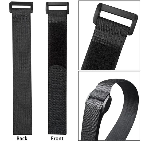 Black reusable hook and loop cable ties shown from the back, front, and a close-up view of the strap.
