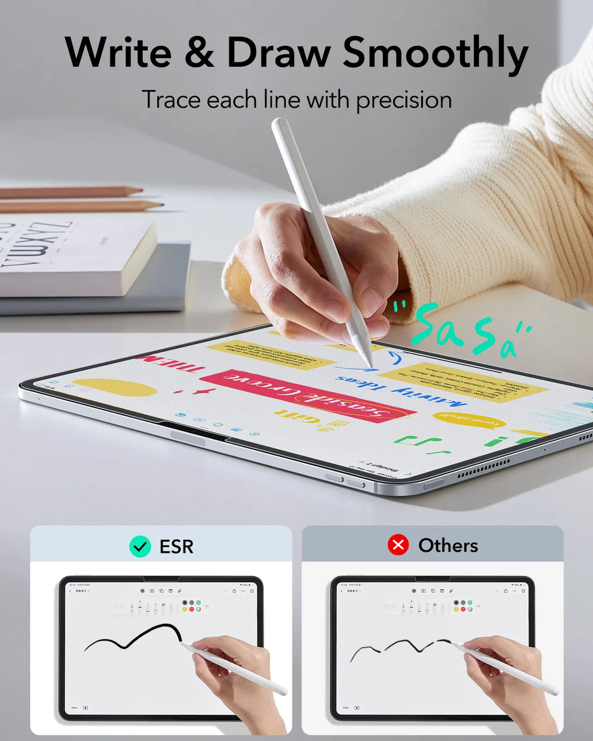 A hand writes smoothly on an iPad screen, demonstrating the precision of a tempered glass screen protector.
