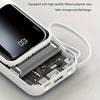 A white 10000mAh multi-port power bank is shown open, displaying its internal components and a flashlight feature.