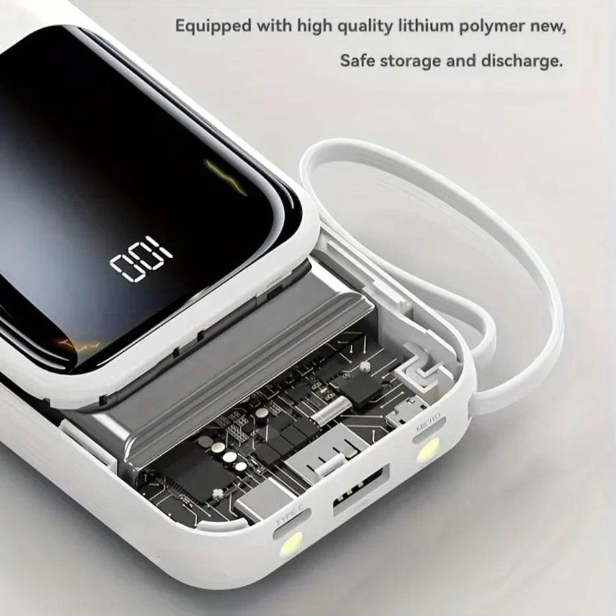 A white 10000mAh multi-port power bank is shown open, displaying its internal components and a flashlight feature.