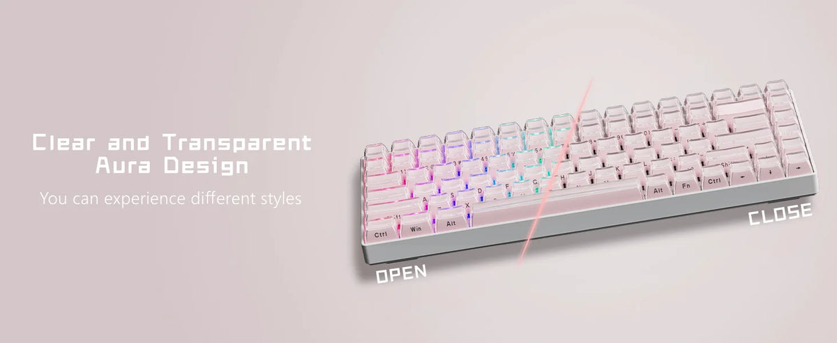 A close-up view of a light pink translucent mechanical keyboard with clear and transparent aura design.