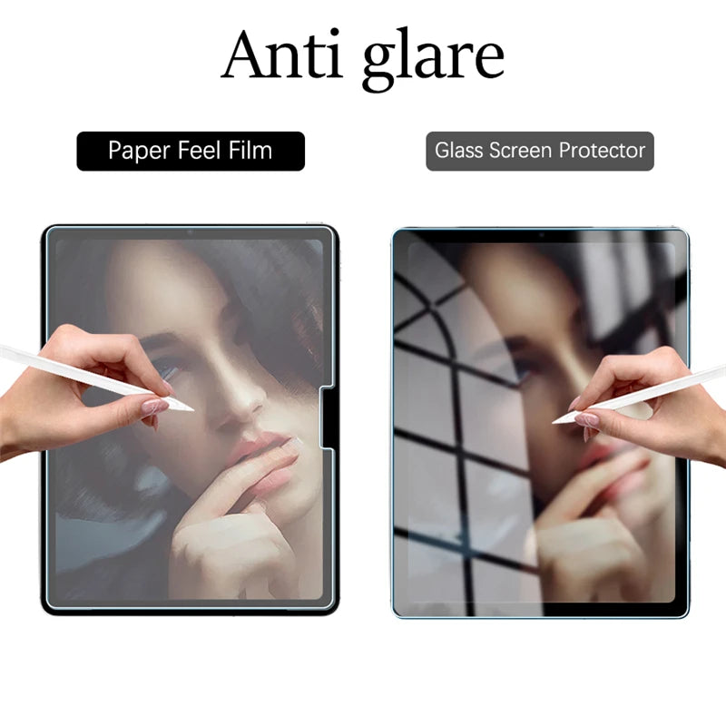 A close-up of a Paper Feel Film glass screen protector applied to an iPad, showing anti-glare protection.