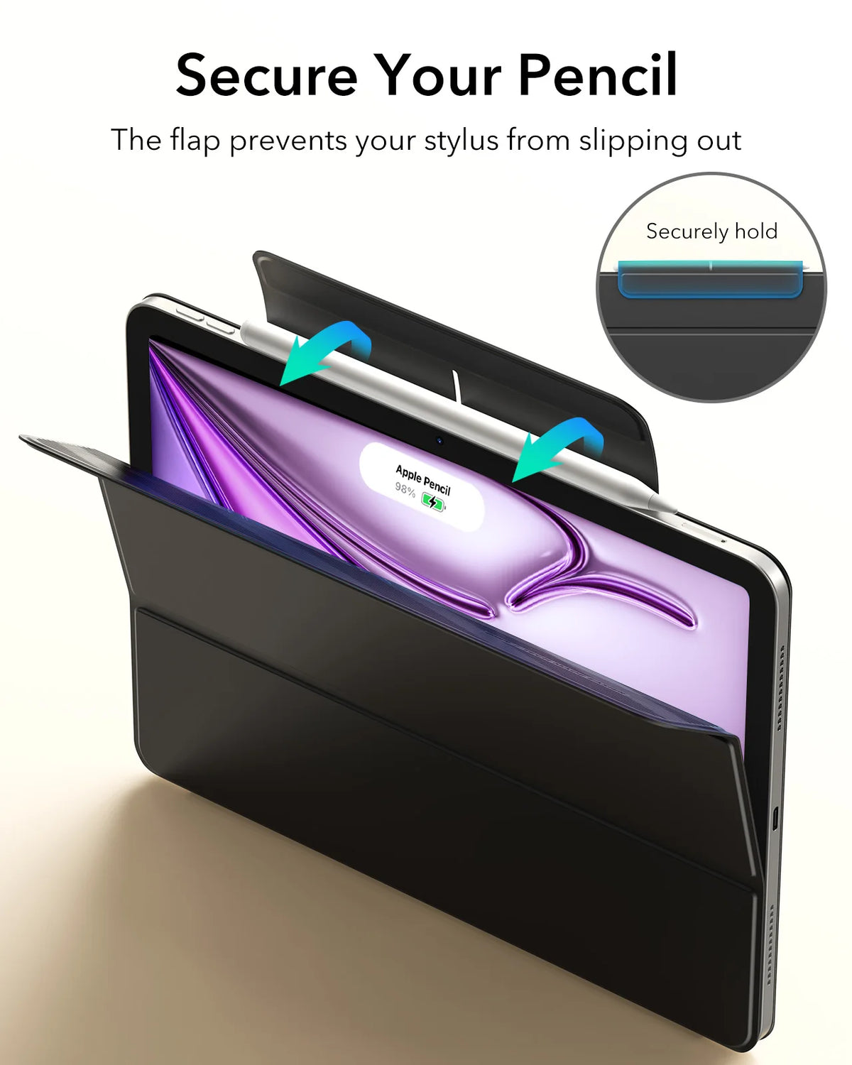 A black magnetic folio case is shown securing an Apple Pencil inside for safe storage.