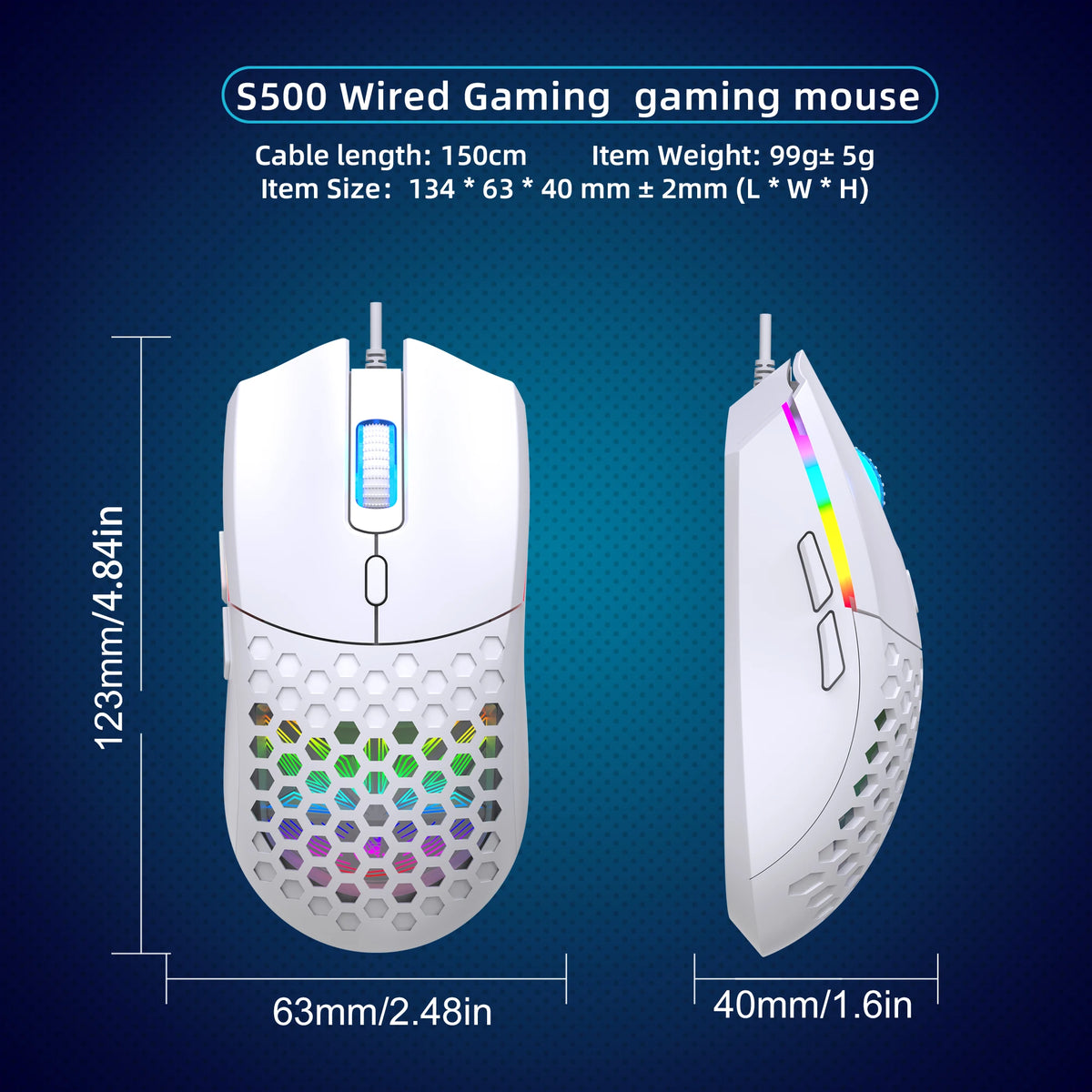 White S500 wired gaming mouse shown from the top and side views.