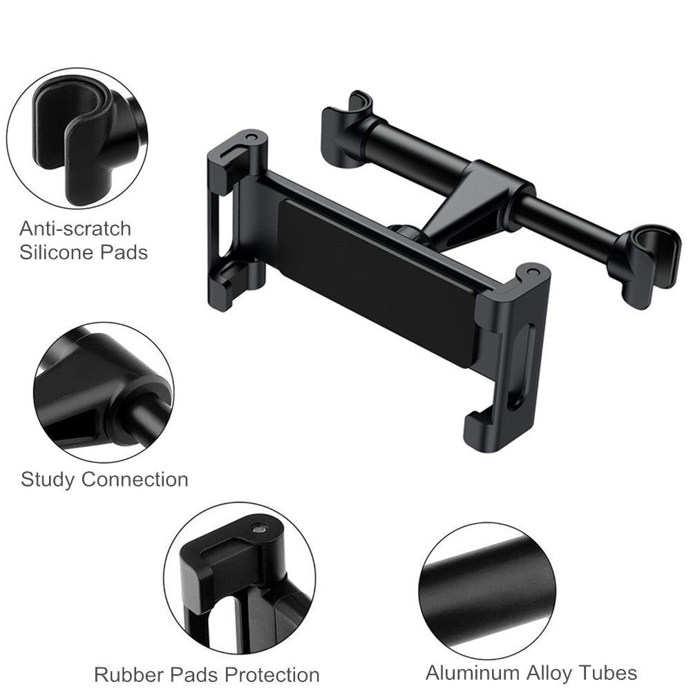 Various components of a flexible car headrest mount including silicone pads and aluminum alloy tubes