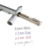 A silver ballpoint pen and mechanical pencil assembly with 0.5mm tips in black, blue, and red colors.