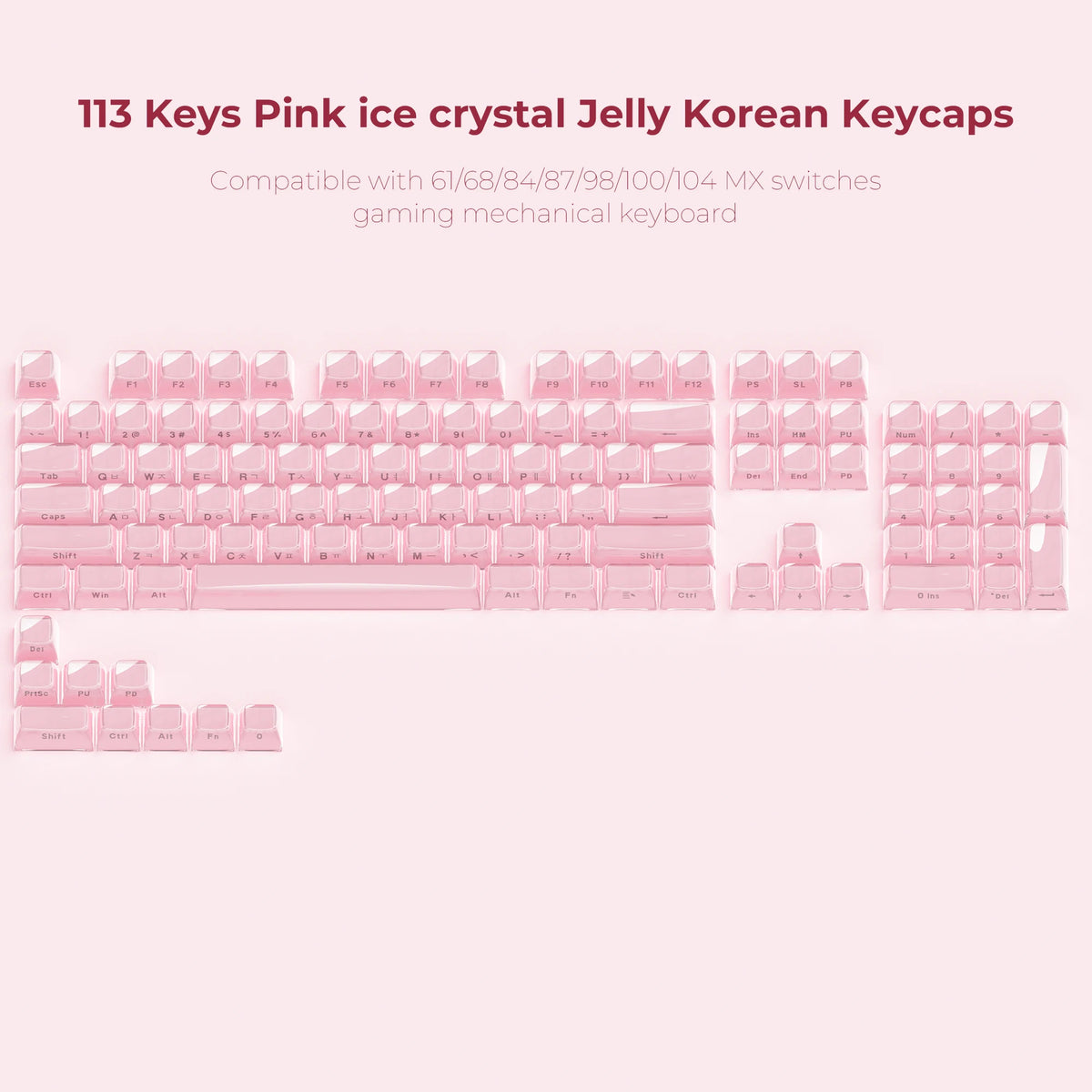A collection of 113 pink ice crystal jelly Korean mechanical keyboard keycaps for gaming keyboards.