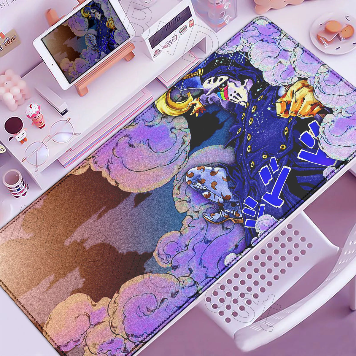 Anime-inspired XXL gaming mouse pad featuring purple and blue cloud designs with a non-slip rubber base