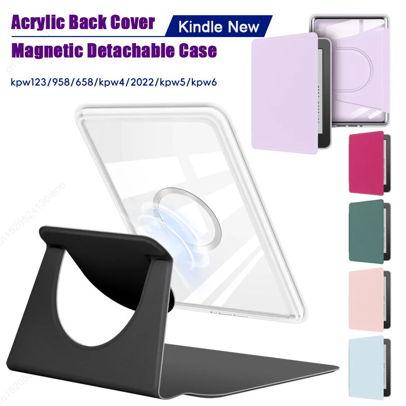 Acrylic back cover magnetic detachable case for Kindle with various color options and a stand.