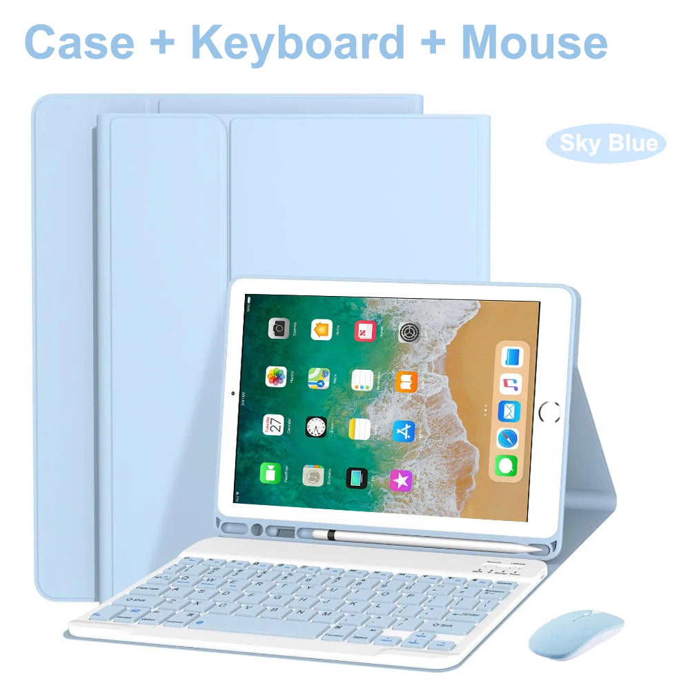 A light blue Bluetooth keyboard case for an iPad, shown with a keyboard and mouse.