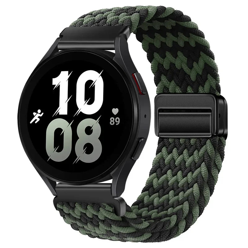 Schwarze Smartwatch mit dunkelgrünem geflochtenem magnetischem Armband, die 10:08 anzeigt.