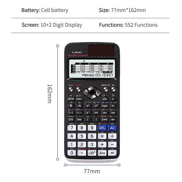 A black scientific calculator with a 10+2 digit display and various functions shown against a white background.