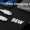 A close-up of a fast charging cable and power adapter for a laptop, highlighting 96W output.