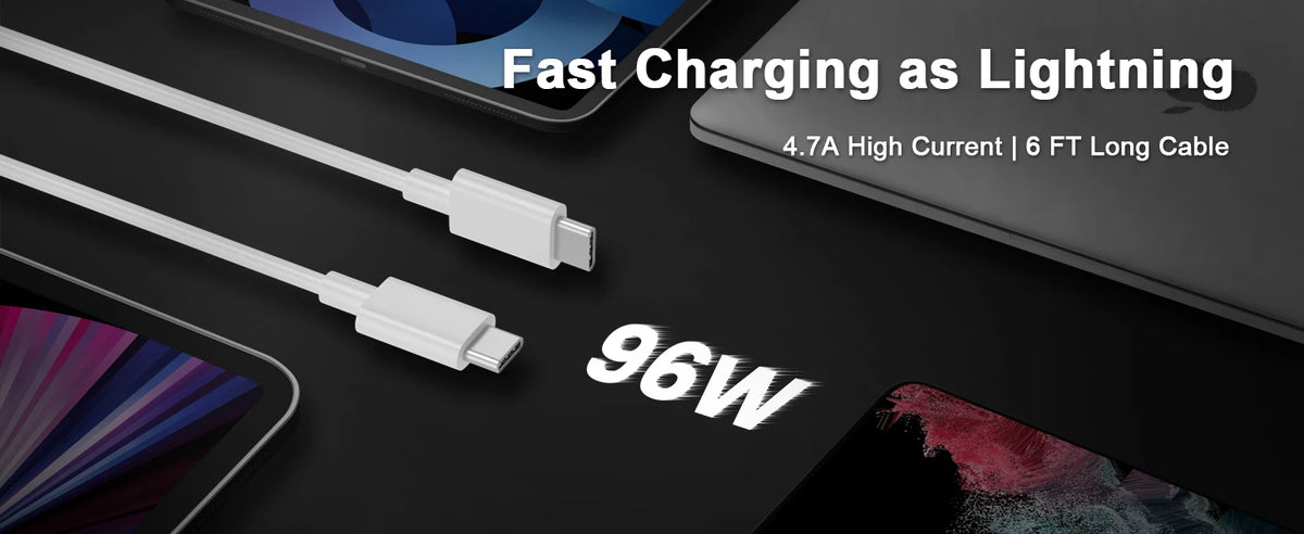 A close-up of a fast charging cable and power adapter for a laptop, highlighting 96W output.