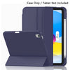 A dark purple protective case for an iPad is shown next to the tablet, with a screen displaying an iOS interface.
