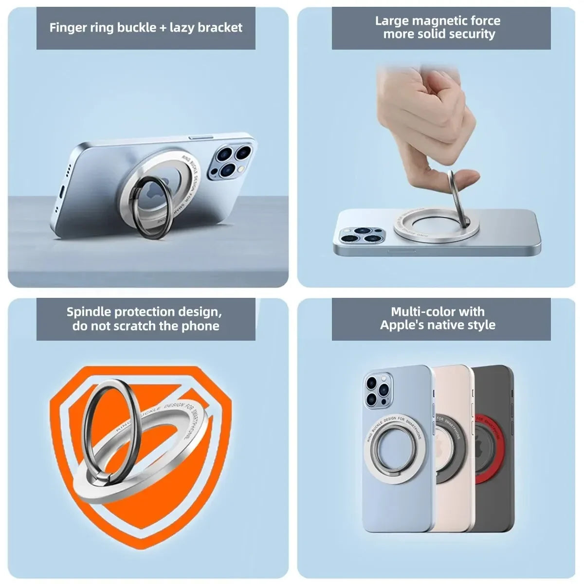 Various magnetic phone holders and stands for iPhone, including finger ring buckles, spindle protection designs, and multi-co