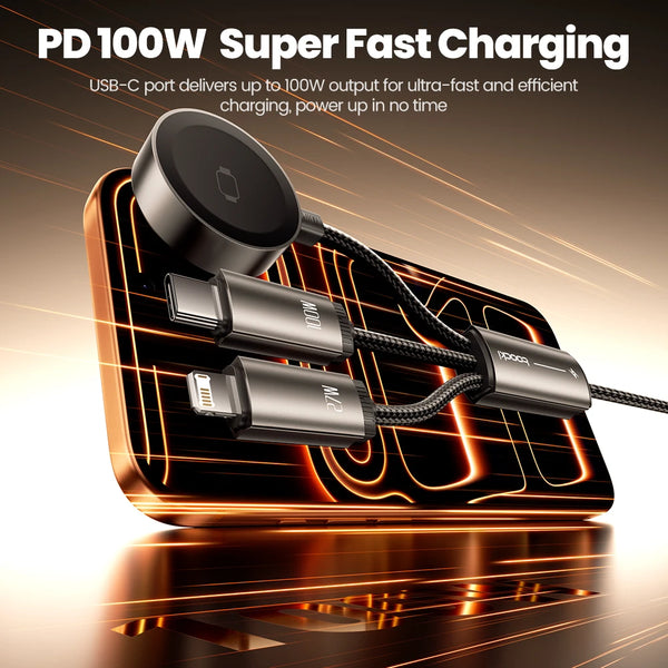 A close-up of a PD 100W super fast charging cable setup with three connectors on a wooden surface.