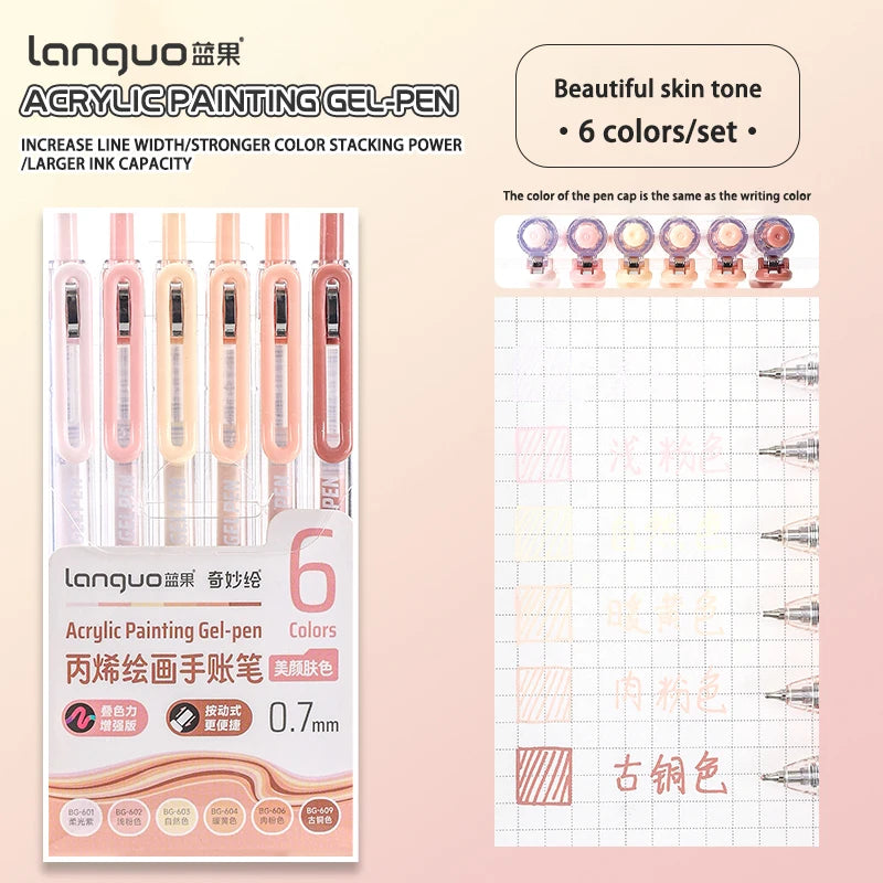 A set of six Languo Acrylic Painting Gel-pens in various colors displayed next to a grid paper.