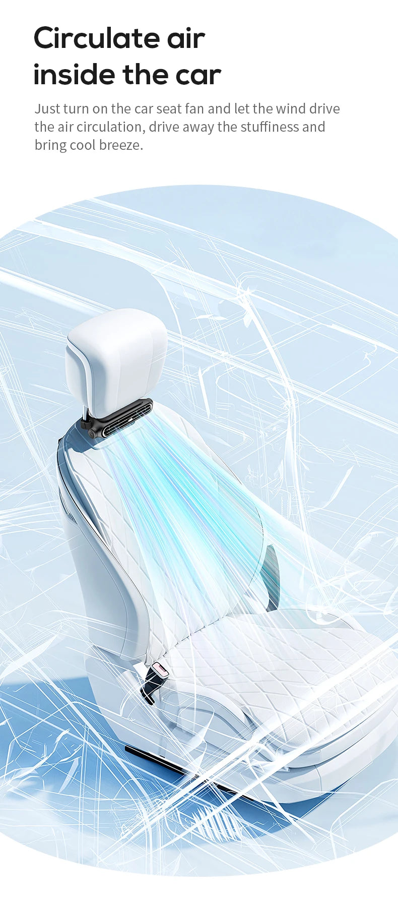 A white portable car cooling fan is shown operating inside a car, directing cool air onto the seat.