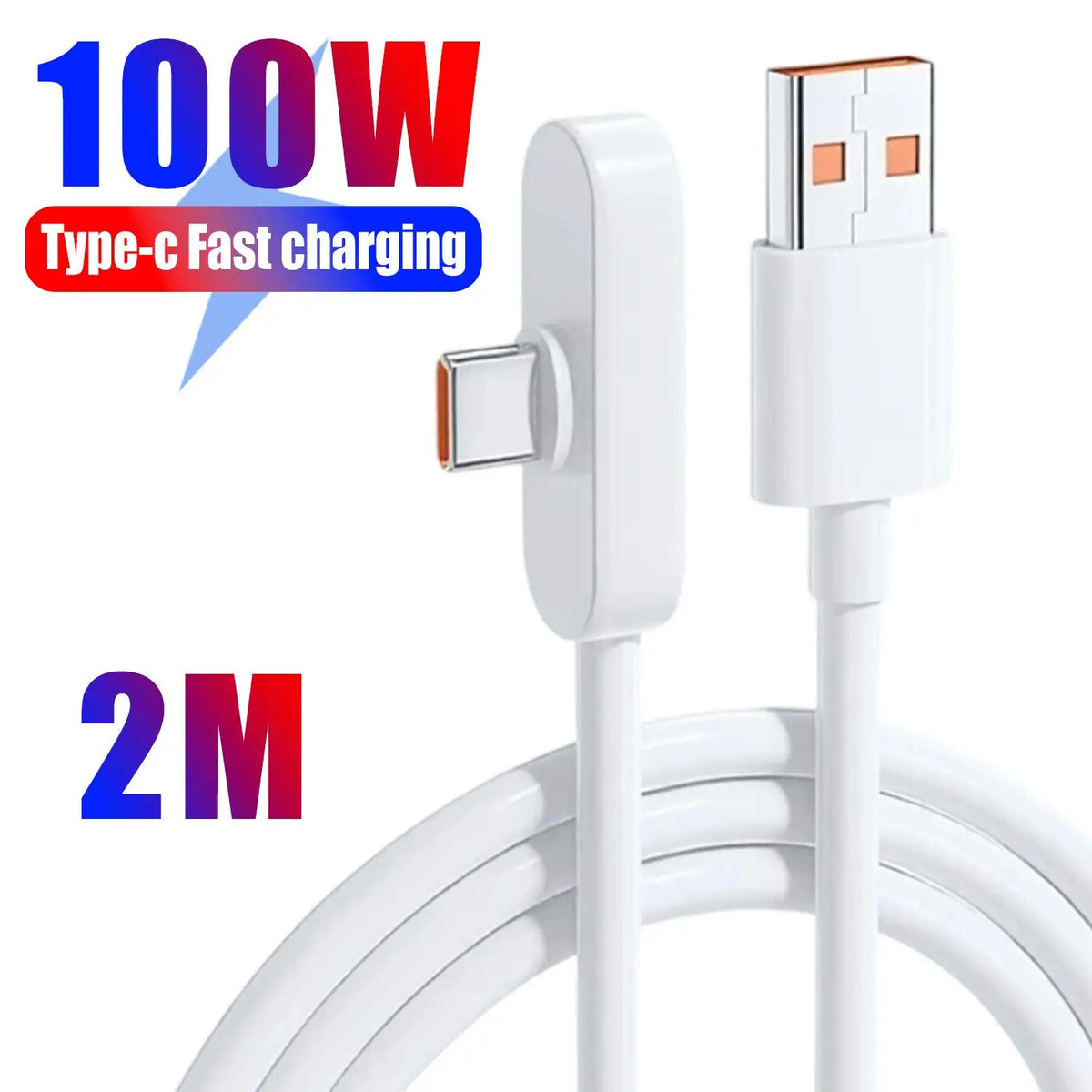 A white 100W Type-C fast charging cable with a USB-C connector and a coiled white wire.