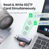 Un lector de tarjetas USB-C universal junto a una laptop, demostrando lectura y escritura simultáneas de tarjetas SD y TF.