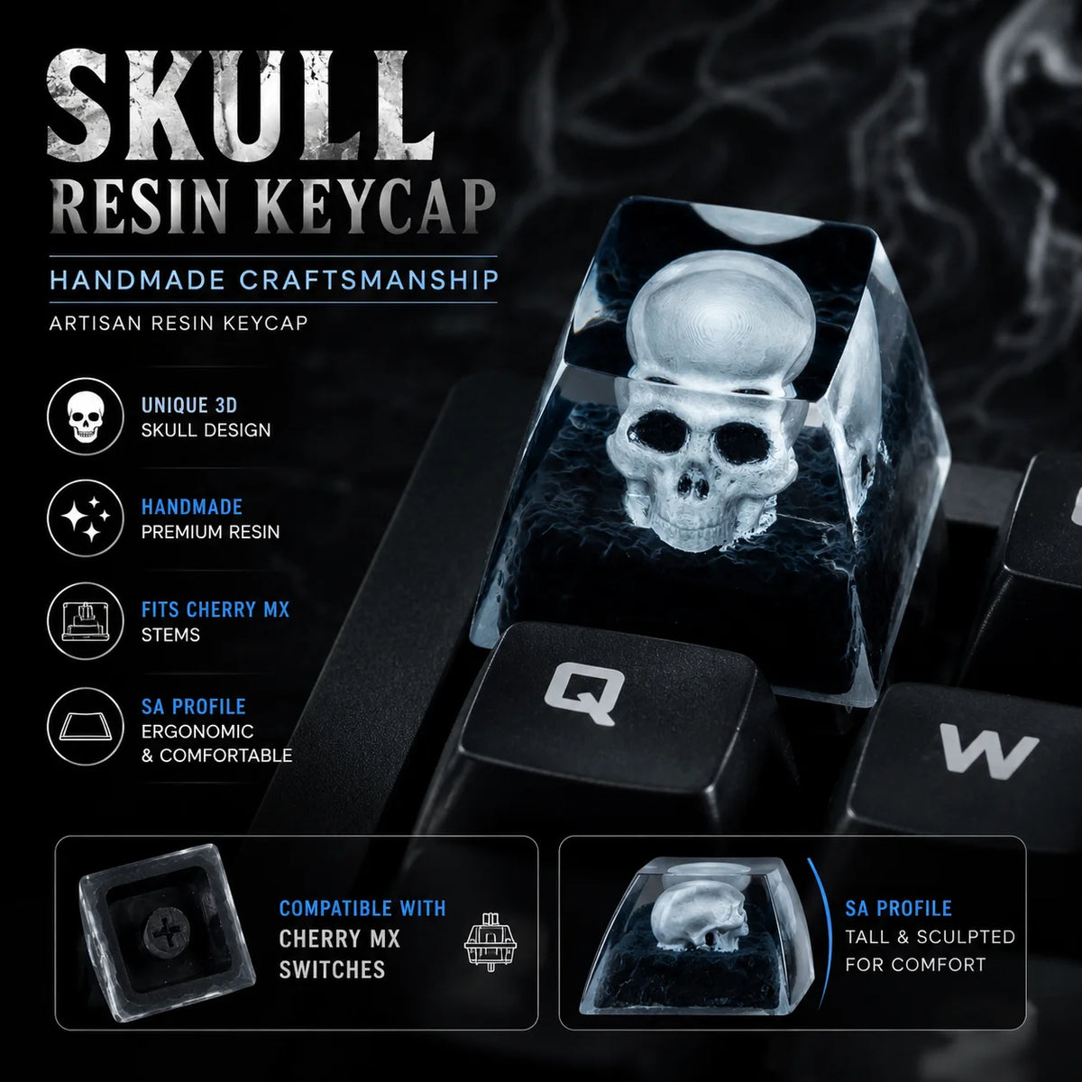 A black resin skull keycap for Cherry MX switches, showing the unique 3D design and SA profile.