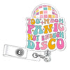 Pinkes und gelbes Glitzer-Dach-Acryl-Abzeichen-Halter Schlüsselanhänger mit dem Text Too Much Panic Not Enough Disco