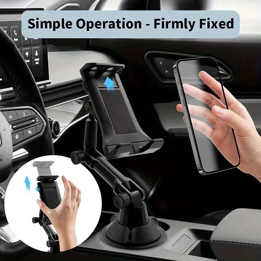 A universal car mount for phones and tablets is shown being used in a car interior, demonstrating its simple operation.