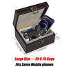 A black leather case with a lid open, containing 8 to 15 keys and designed to block RFID signals.