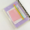A set of ten zippered PVC binder pockets for A5 to A7 notebooks, featuring pink and yellow pens.