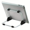 A silver foldable aluminum tablet and laptop stand with a metal frame.