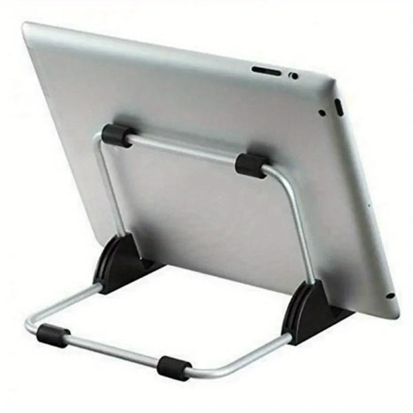 A silver foldable aluminum tablet and laptop stand with a metal frame.