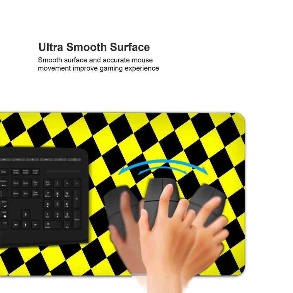 A hand is shown interacting with a black and white checkered desk mat for gaming and work.