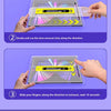 Hands are slowly pulling a dust removal strip from an iPad tempered glass screen protector for cleaning.