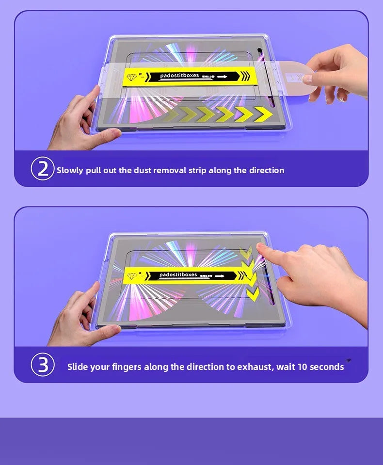 Hands are slowly pulling a dust removal strip from an iPad tempered glass screen protector for cleaning.