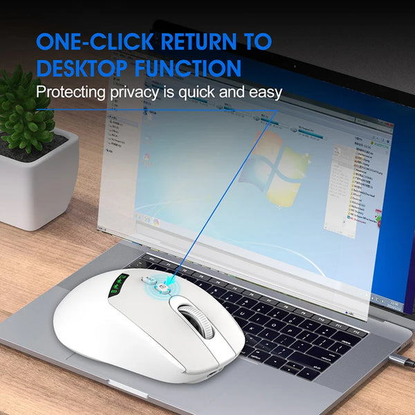 A white wireless mouse is shown on a laptop, with text overlay promoting one-click return to desktop function.