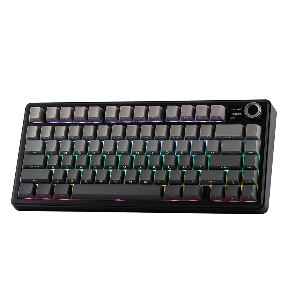 Black mechanical keyboard with backlit keys and a small display screen
