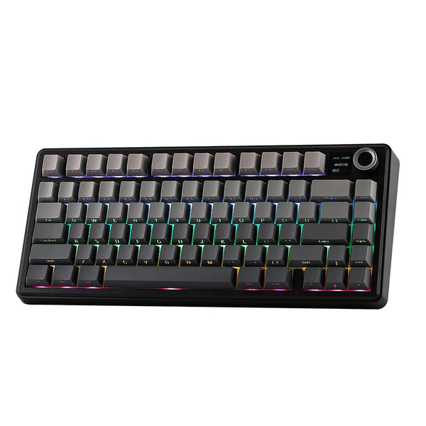 Black mechanical keyboard with backlit keys and a small display screen