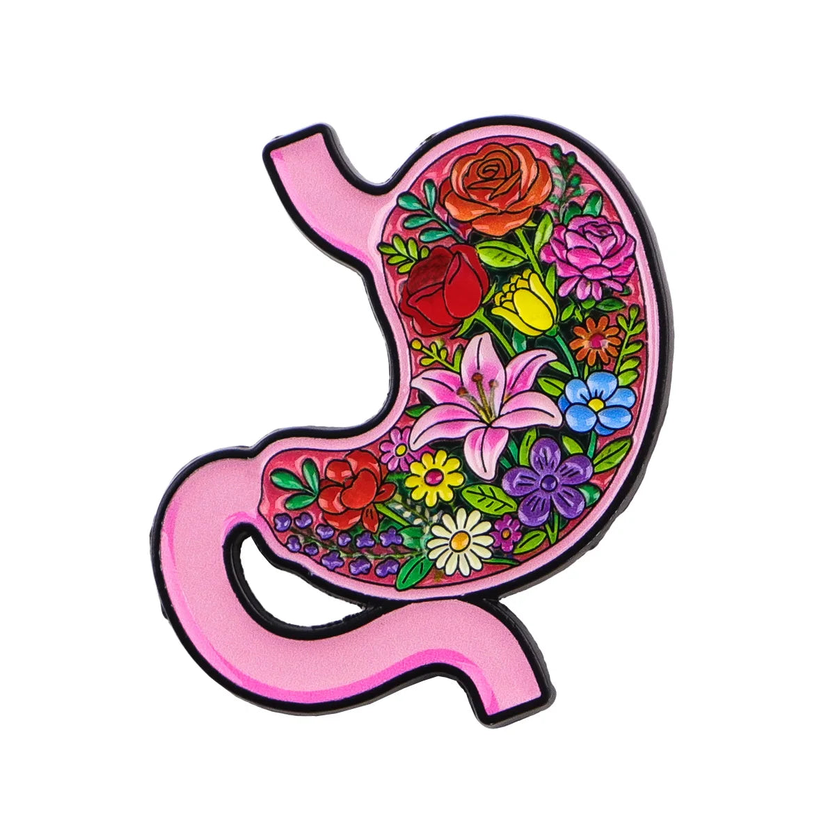Enamel pin featuring a stylized silhouette of a uterus filled with colorful flowers and leaves.