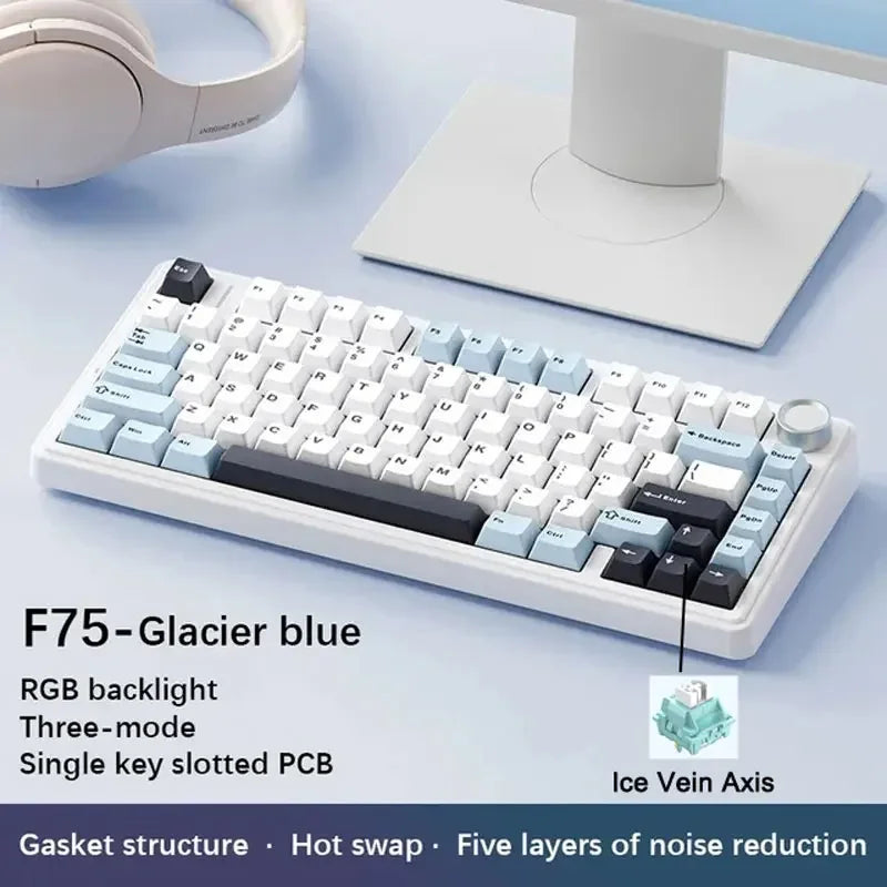 F75 Glacier blue mechanical keyboard with RGB backlight and single key slotted PCB