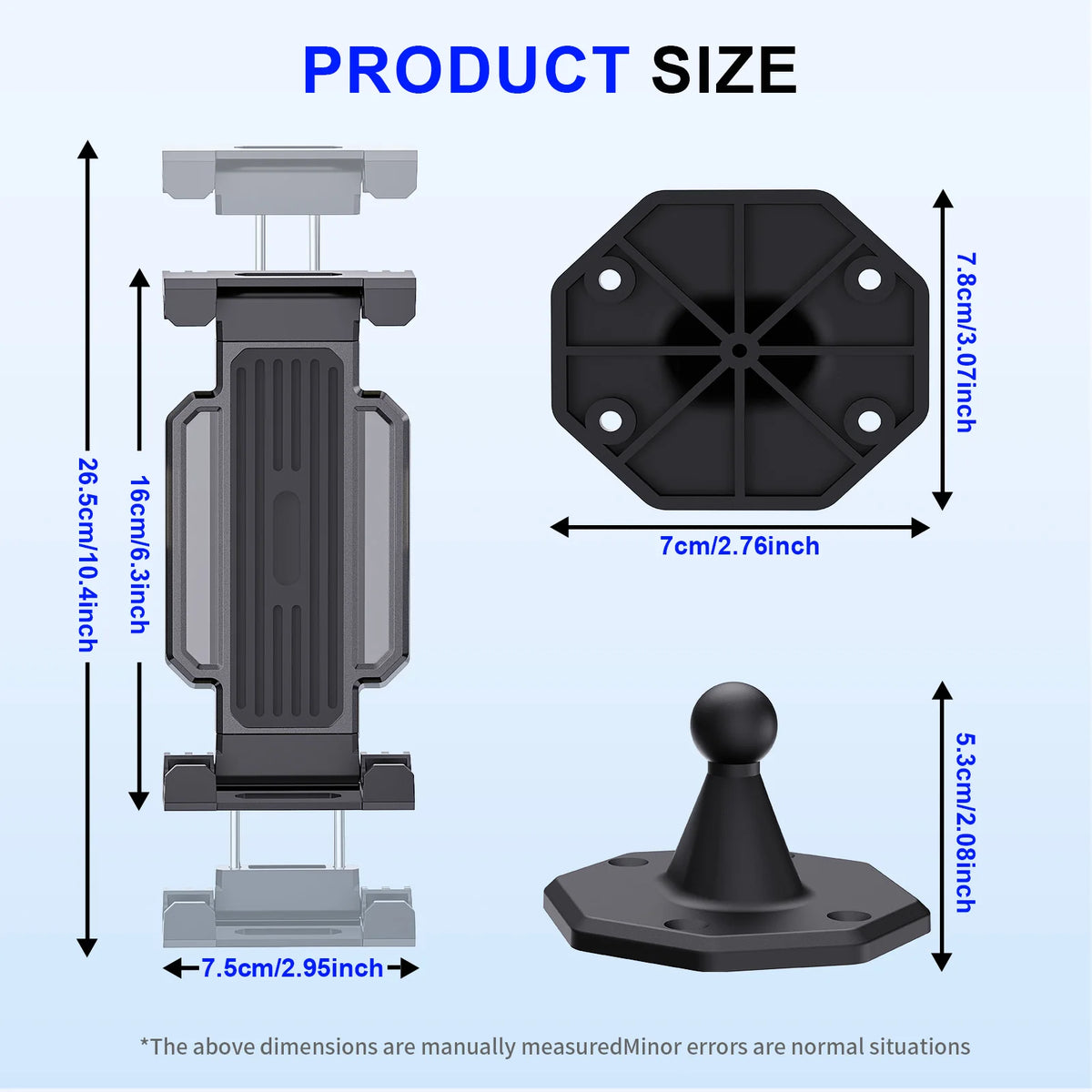 A set of wall mounts for a tablet, including a vertical stand and a flat mounting plate.