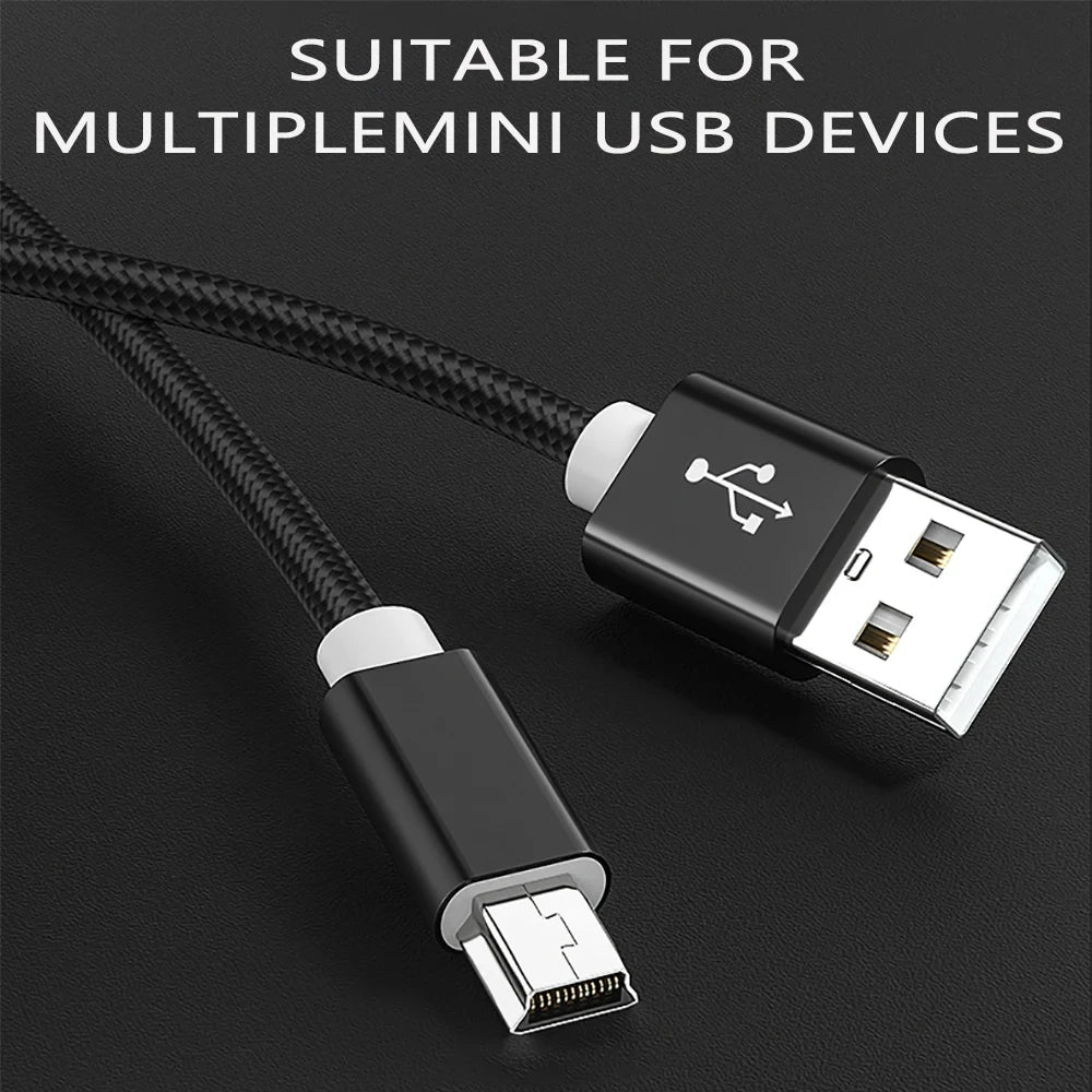 Black braided mini USB to USB charging and data sync cable with a silver connector.