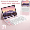 Magnetische, abnehmbare Tastatur mit Tablet und separater Tastatur, die ihre Funktionen zeigt.