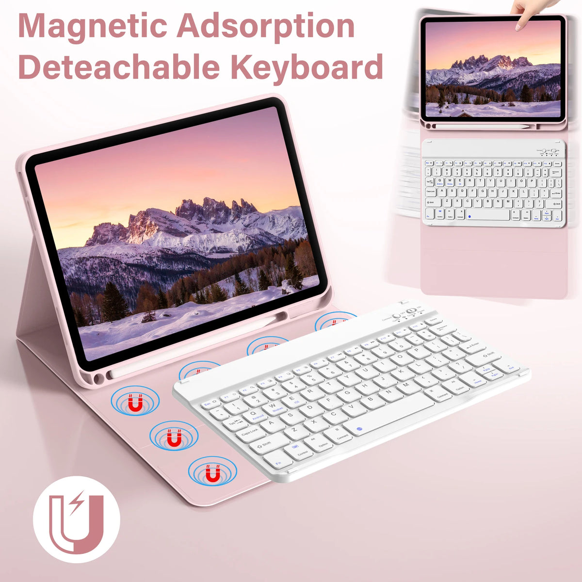 Magnetische, abnehmbare Tastatur mit Tablet und separater Tastatur, die ihre Funktionen zeigt.