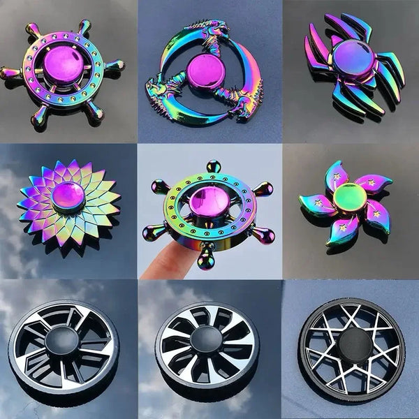 A collection of rainbow metal fidget spinners showing various colors and designs.