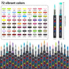 Un set de 72 marcadores de pintura acrílica vibrantes en varios colores y puntas, mostrados en una caja.