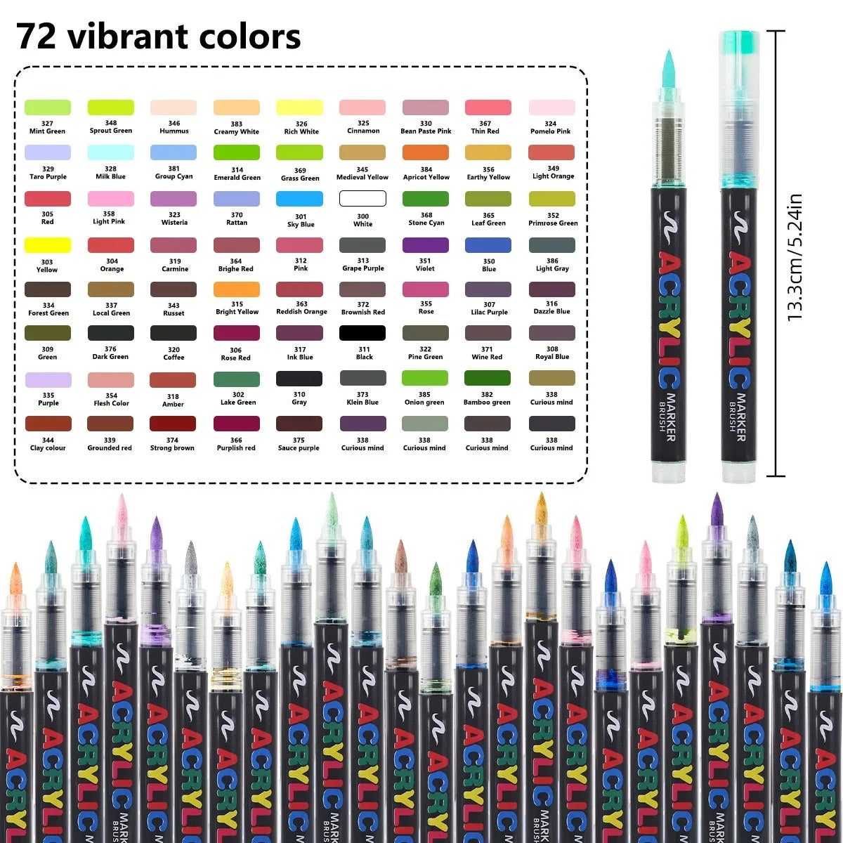 Un set de 72 marcadores de pintura acrílica vibrantes en varios colores y puntas, mostrados en una caja.